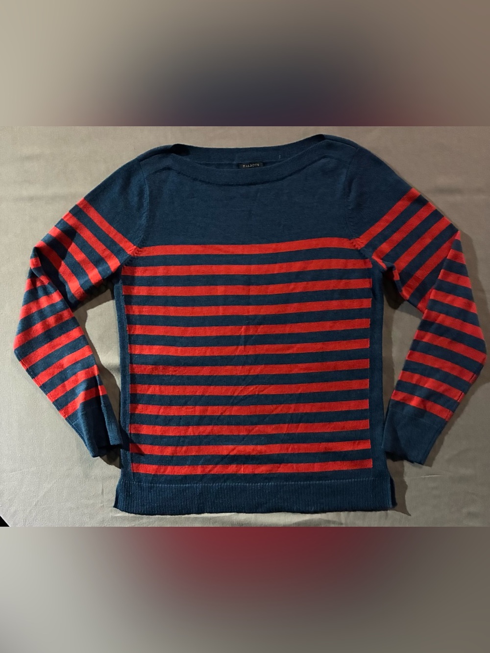 Talbots Navy and Red Striped Crewneck Sweater Top